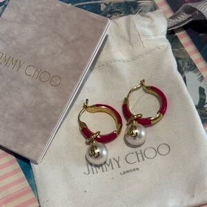 Jimmy Choo Gold-Tone Hoop Earrings with Pink Enamel and Pearl Drop